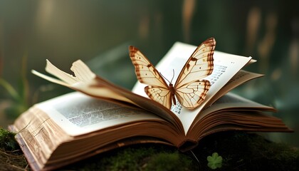 Canvas Print - Whimsical paper butterflies resting delicately on an open books pages