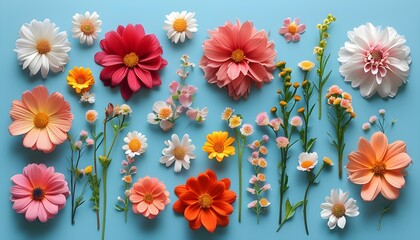 Wall Mural - Vibrant spring flower flatlay with a kaleidoscope of colors and textures, showcasing natures beauty in full bloom