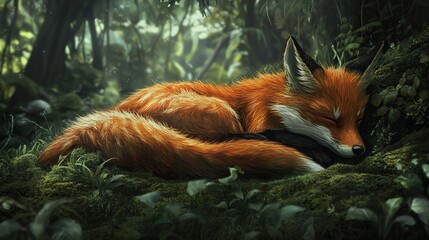 Canvas Print - Red Fox Sleeping in a Lush Forest