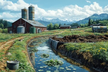 Wall Mural - A rural farm with a creek running through it and a barn in the background.