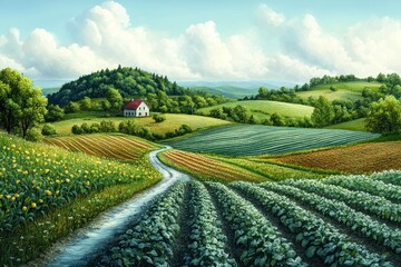 Sticker - A winding dirt road leads through a picturesque farmland landscape with rolling green hills, a small house nestled on a hillside, and fields of crops.