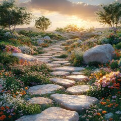 Sticker - A stone path winds through a field of wildflowers, leading towards a golden sunset.