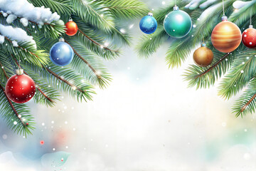 christmas background with branches and balls, border,