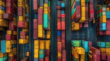 Sticker - Aerial view of a container port with colorful shipping containers stacked in rows.