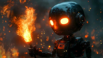 Wall Mural - stunning fantasy robot holding fire torch surrounded by thick dark smoke Seamless looping 4k time-lapse virtual video animation background.