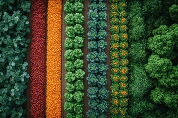 Wall Mural - Aerial view of a farm with rows of different crops, including green leafy vegetables, red radishes, orange carrots, and green broccoli.