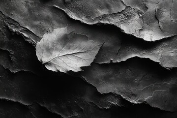 Poster - A single, dry leaf rests on a textured black surface, creating a dramatic contrast in light and shadow.