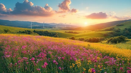 Wall Mural - Vibrant wildflowers bloom in a field at sunset with wind turbines in the distance.