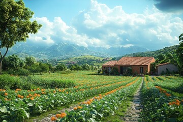 Canvas Print - A picturesque rural scene with a house nestled amidst a field of orange flowers, with lush green hills and a blue sky in the background.