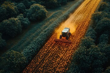 Poster - Aerial view of a tractor working in a field during sunset.