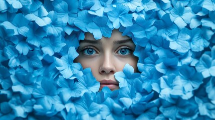 Poster - A woman's face is hidden behind a blue flower arrangement