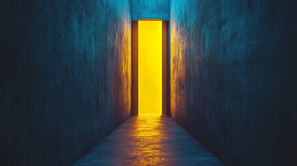 Wall Mural - A yellow door is in the middle of a dark hallway