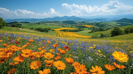 Sticker - A vibrant field of wildflowers in full bloom, stretching out towards a rolling, green hillside under a bright blue sky with fluffy white clouds.