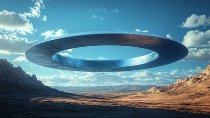 A blue, circular object is floating in the sky above a desert landscape