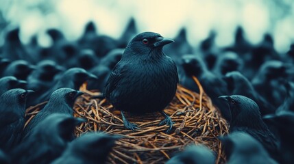 Wall Mural - A black bird is standing on a nest with many other black birds