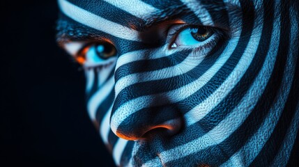 Poster - A man's face is painted with black and white stripes