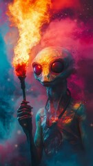 Wall Mural - fantasy alien  holding a fire torch with thick color smoke background Seamless looping 4k time-lapse virtual video animation background