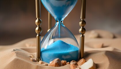 Elegant hourglass filled with vibrant blue sand in a polished studio setting