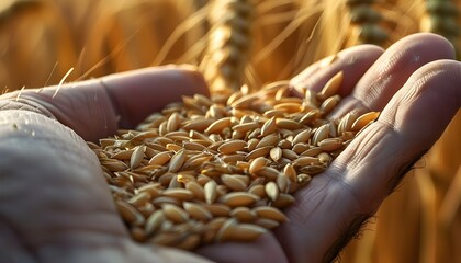 Detail of male hands gently cradling grains of wheat, showcasing natures bounty and the connection between humanity and agriculture