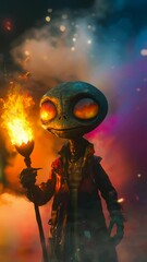 Wall Mural - fantasy alien  holding a fire torch with thick color smoke background Seamless looping 4k time-lapse virtual video animation background