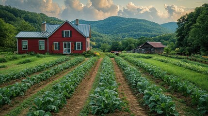 Wall Mural - A red farmhouse sits on a hill overlooking a field of crops, with rolling green hills in the background.