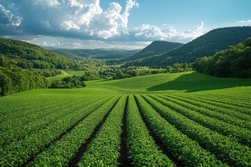 Wall Mural - A picturesque view of a lush green valley with rolling hills and a vibrant field of crops in the foreground.