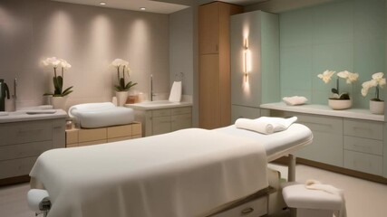 Poster - Step into a serene spa room with a massage table and sink, decorated with orchids for wellness and relaxation. Elegantly designed with white towels, perfect for tranquility and self care