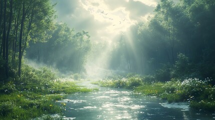 Poster - Sunbeams Through the Forest: A Serene River Scene