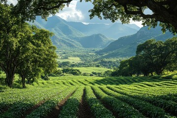 Sticker - A scenic view of a lush green valley surrounded by mountains with rows of crops in the foreground.