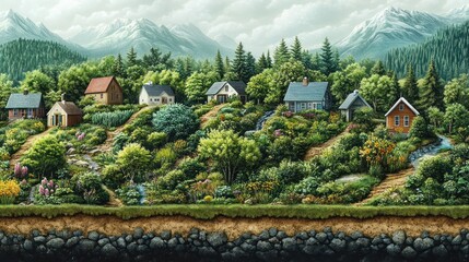 Canvas Print - A picturesque mountain village nestled among lush greenery with a stream flowing through it.