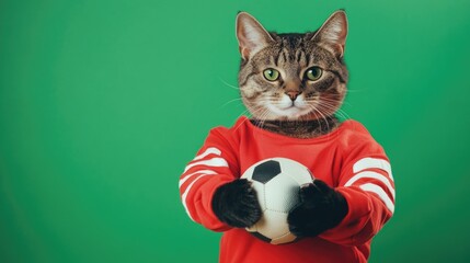 Cat wearing red jersey holding soccer ball against green background - sport concept