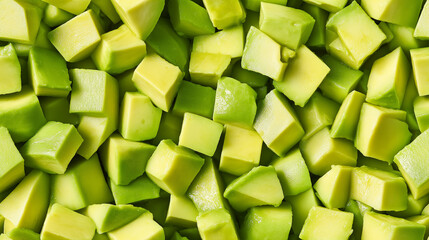 a close-up, top-down view, texture background of diced avocado spread across the entire frame, filling the image with their creamy green color and smooth texture in uniform cubes