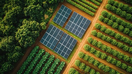 Wall Mural - Aerial view of solar panels in a field surrounded by trees and crops.