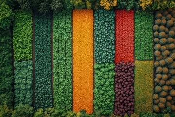 Poster - Aerial view of a farm with various crops planted in straight lines, creating a colorful pattern.