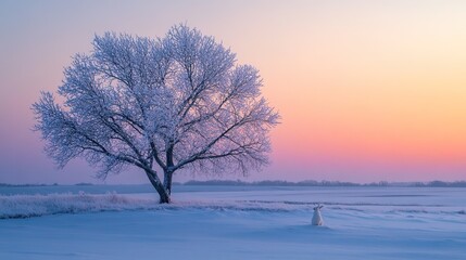 Wall Mural - A charming scene featuring a bunny nestled under a winter tree during a serene winter dawn, showcasing the beauty of nature.