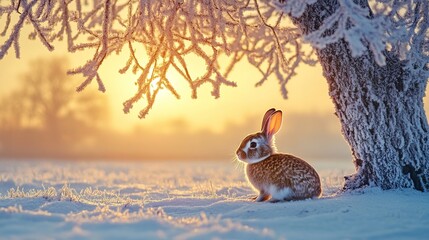 Wall Mural - A charming scene featuring a bunny nestled under a winter tree during a serene winter dawn, showcasing the beauty of nature.