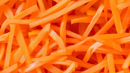 Wall Mural - a close-up, top-down view, texture background of julienned carrots spread across the entire frame, filling the image with their vibrant orange color in thin, long strips