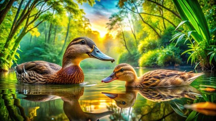 Playful Duck and Platypus Swimming Together in a Serene Pond Surrounded by Lush Greenery