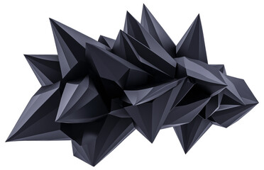 Abstract black geometric sculpture with sharp edges displayed prominently isolated on transparent background.