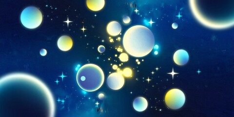 Wall Mural - a digital art piece with a deep blue background. there are floating, glowing orbs of different sizes