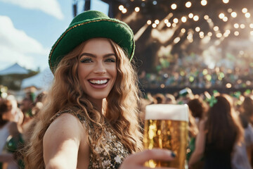 Smiling young woman in festive green hat, holding a glass of beer at an outdoor St. Patrick’s Day celebration, with a large crowd and stage in the background during daylight