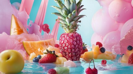 Wall Mural - Vibrant Fruit Medley with Tropical Pineapple on Blue Background