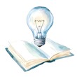 © Alpha - A transparent light bulb levitates over a vividly painted open book, representing creative thought and knowledge, soft watercolor hues radiating around the scene