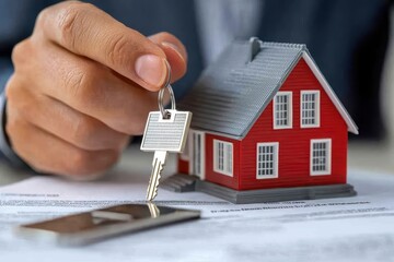 A close-up of a hand holding a house key above a model house, symbolizing home ownership, real estate investment, and property transactions.