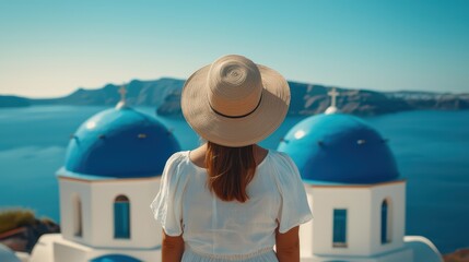 A woman in a hat gazes at the stunning views of Santorini, featuring iconic blue domes and a clear sky by the Aegean Sea.