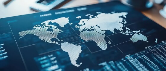 Abstract representation of a world map overlaid on financial data, symbolizing global trade and finance in a modern office environment.