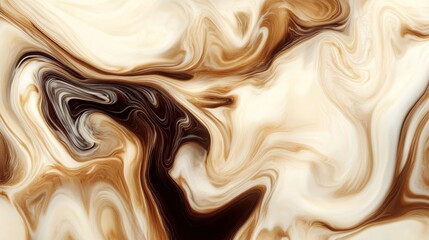 Wall Mural - Swirling coffee merging with milk creates an abstract pattern in warm tones during a quiet morning moment. Generative AI