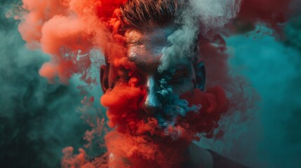 Wall Mural - Abstract Portrait with Vivid Smoke Clouds Surrounding Face