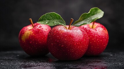 Wall Mural - Three Fresh Red Apples with Water Droplets on Dark Background