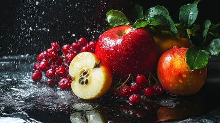 Wall Mural - Fresh Red Apples and Berries with Water Droplets